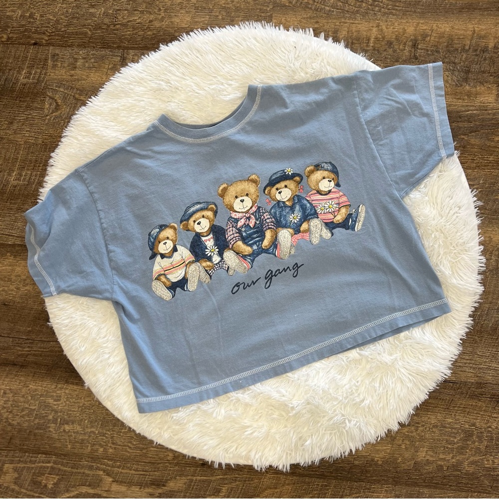 Vintage Crop T-shirt with Teddy Beats Our Gang Light Blue Size Medium